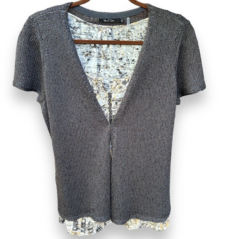 Nic + Zoe Charcoal Gray Cardigan Sweater Short Sleeves Lightweight Size Medium